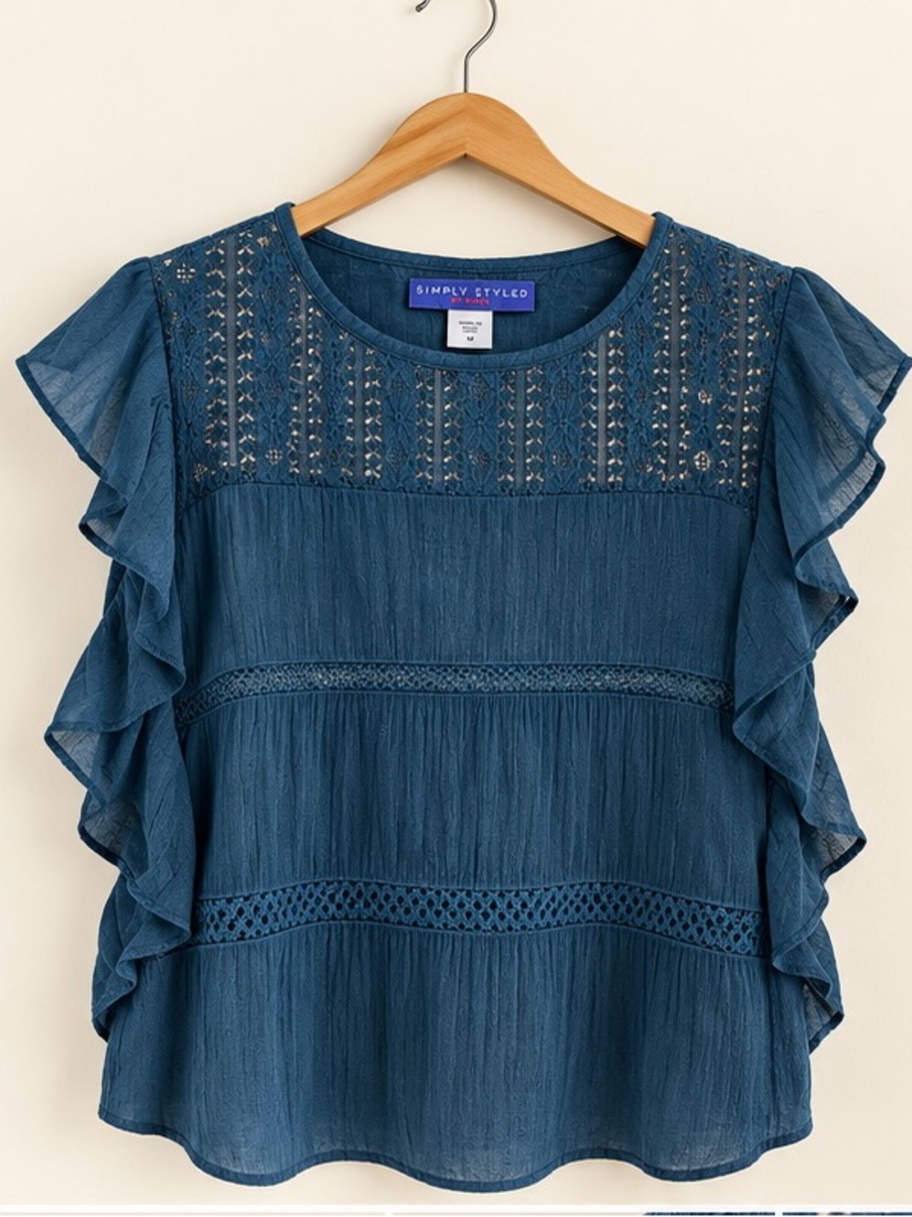 NWT Simply Styled Sears Majolica Blue Ruffle Blouse M Lace Boho Top
